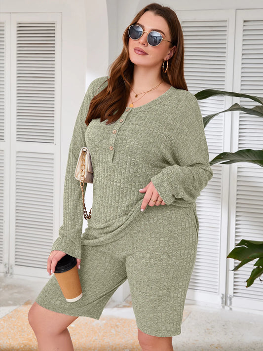 plus Outfit Sets for Women 2 Piece Matching Loungewear Green 5X Ribbed Knit Sets T-Shirt Biker Shorts Sweatsuits plus Size Pajamas, Lightweight for Spring / Summer / Fall / Winter