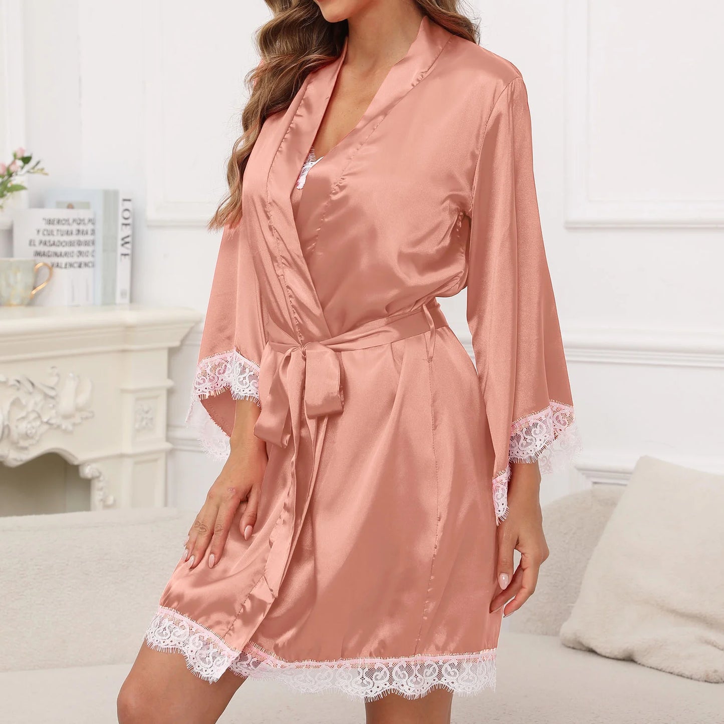 Sexy Lingerie, Lingerie for Women, 2Pcs Lace Cami Nightgown with Robes, plus Size Satin Silk Robe