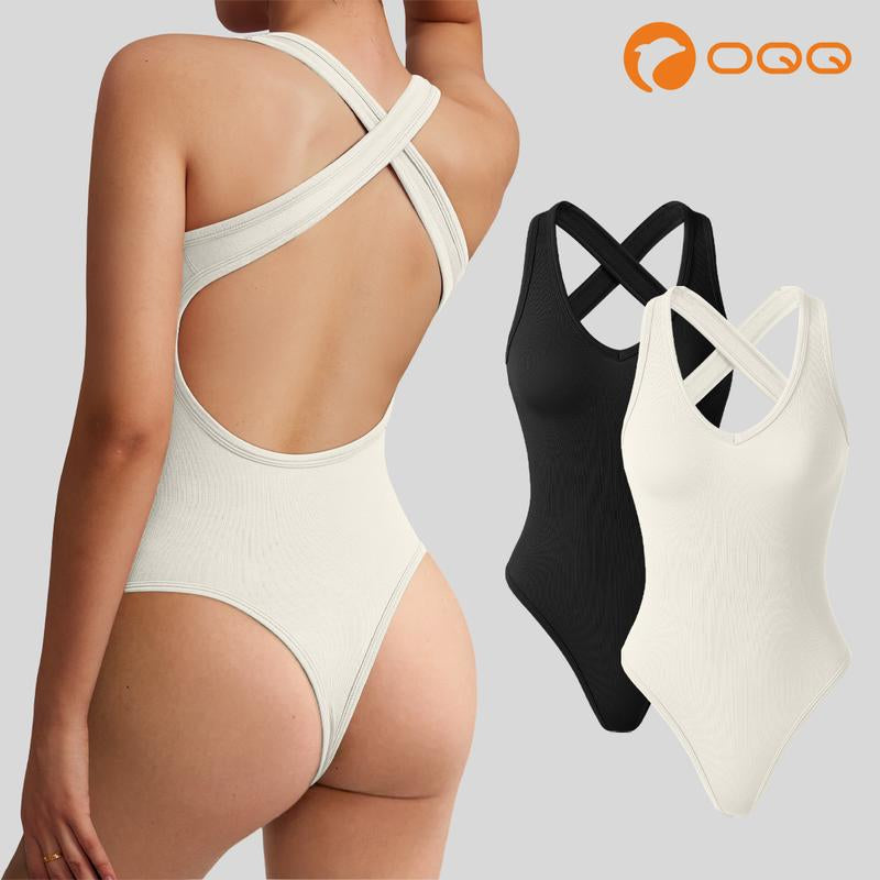 Oqqfitness Women Solid Backless Racerback Tank Bodysuit Cross-Strap Sleeveless Top Deep V Neck All Seasons, Cute Tops
