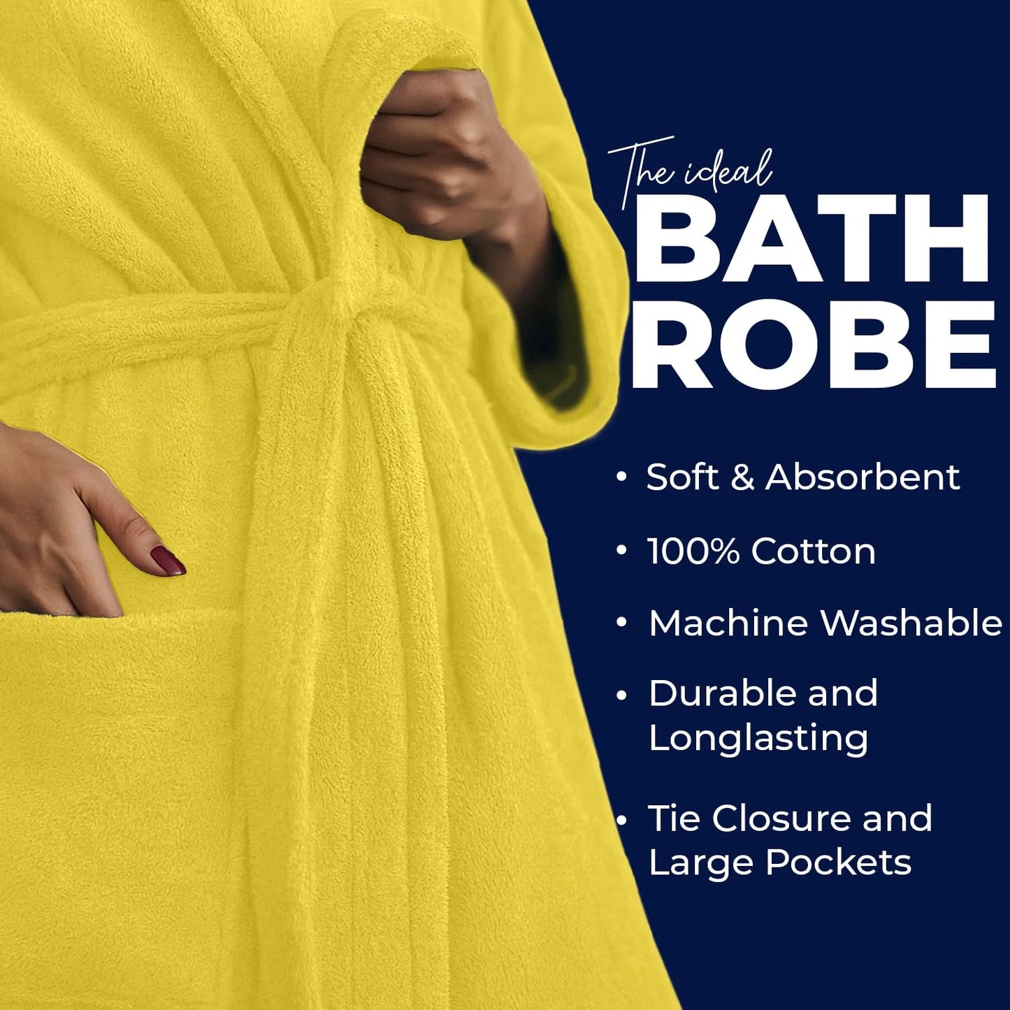 Bathrobe for Men and Women One Size Lightweight Cotton Terry Cloth Robe - Yellow