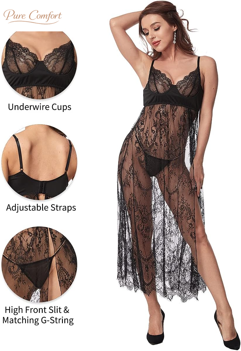 Women Sexy Lingerie Lace High Slit Maxi Long Gown Sheer Dress with Underwire S-4XL