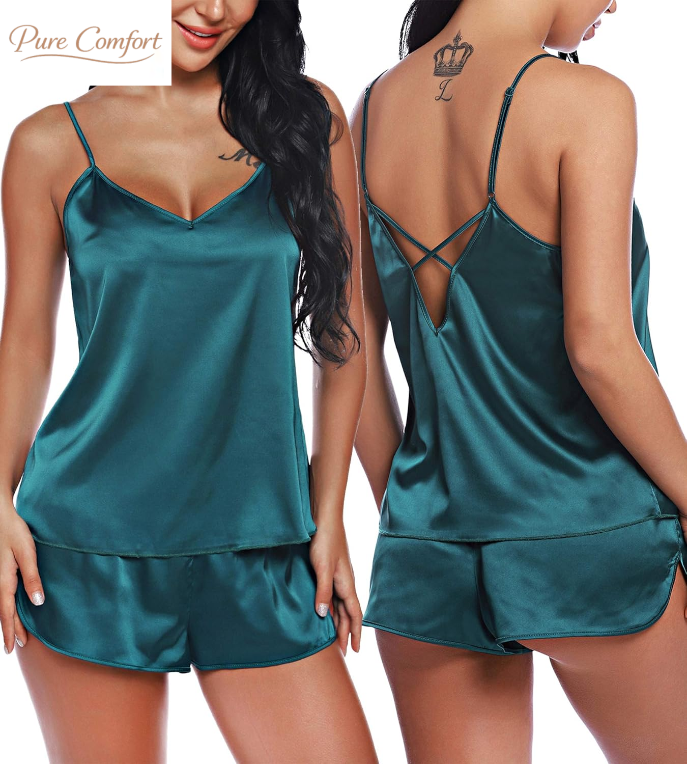 Women V Neck Sexy Lingerie Satin Sleepwear Pajamas Cami Shorts Set Nightwear