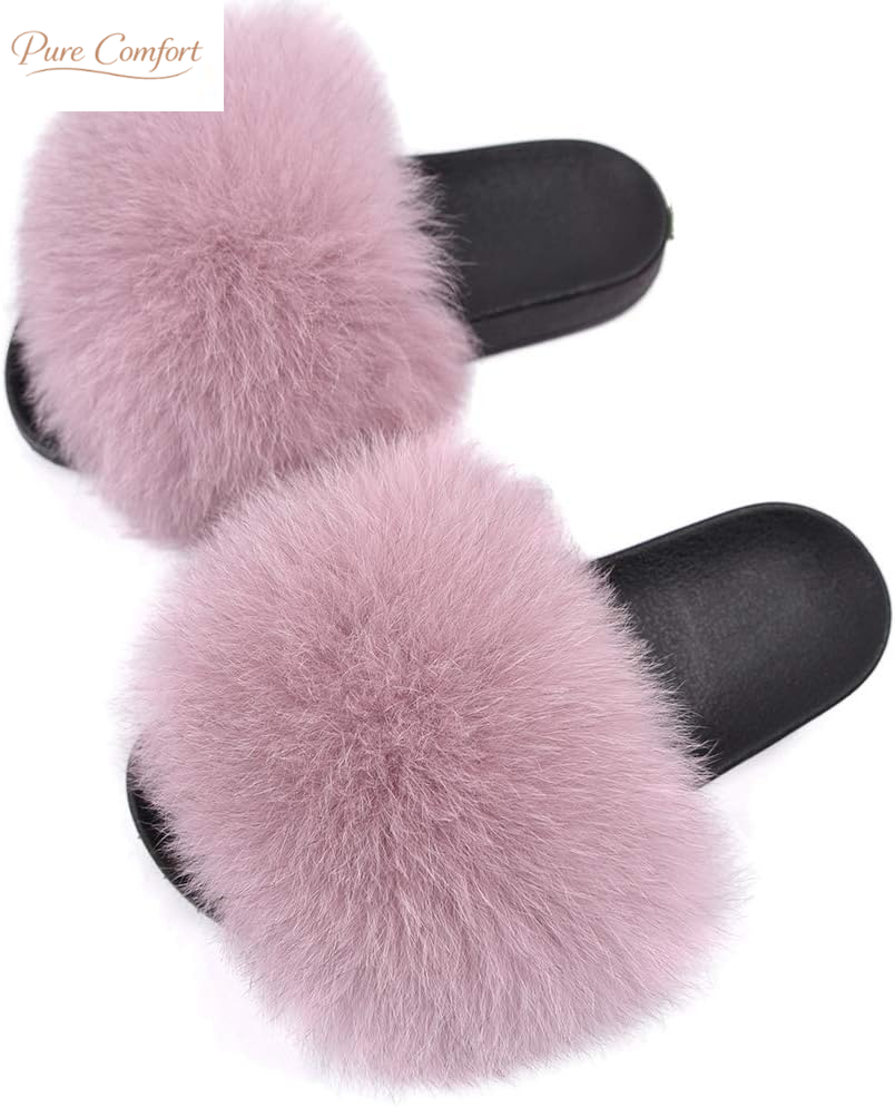 Real Fox Fur Slides for Women - Fluffy Fur Slippers Open Toe Flat Sandals for Outdoor