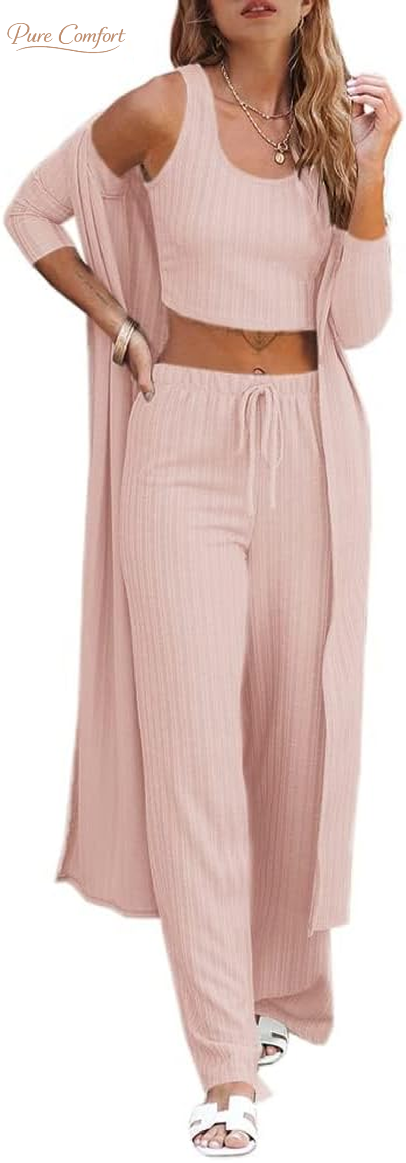 Womens 3 Piece Lounge Sets Pajamas Knit Long Sleeve Cardigan Crop Top Wide Leg Pants Loungewear Set