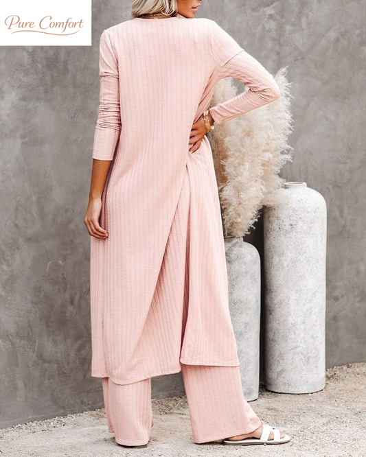 Womens 3 Piece Lounge Sets Pajamas Knit Long Sleeve Cardigan Crop Top Wide Leg Pants Loungewear Set