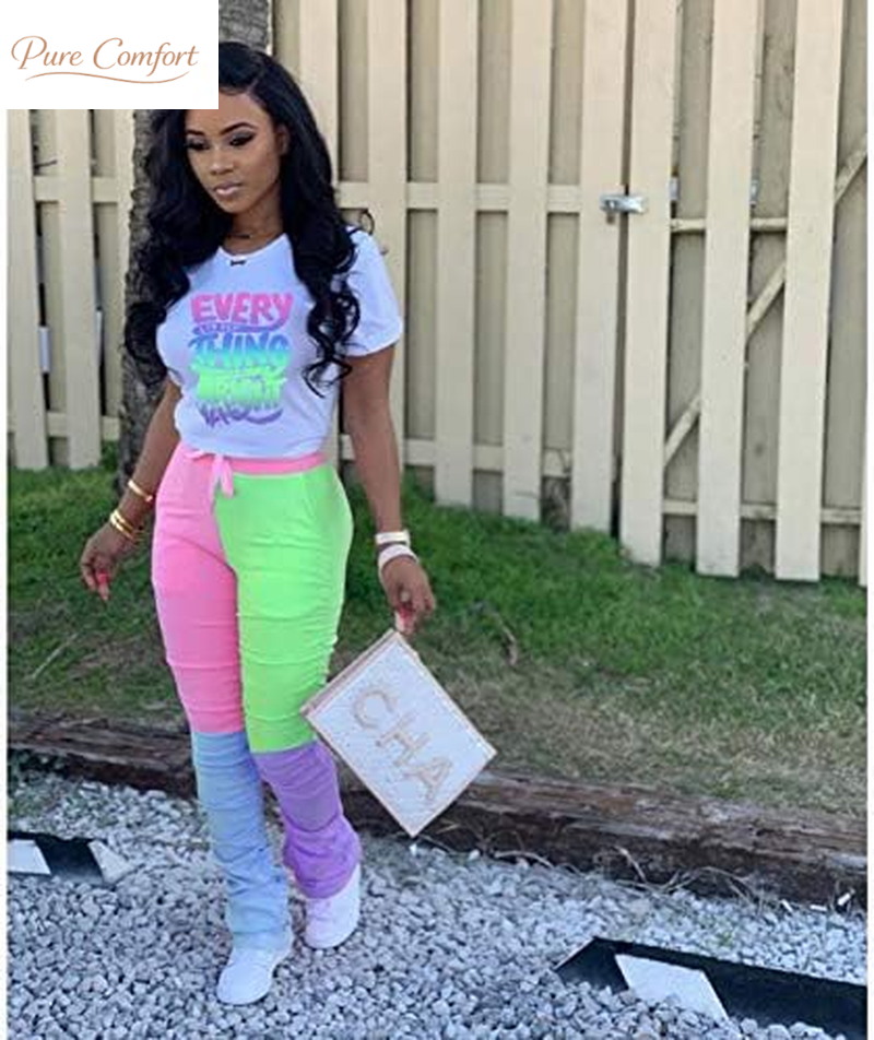 Casual 2 Piece Outfit Sets for Women Color Block Short Sleeve T-Shirts + Stacked Flare Pants Tracksuit Sweatsuit