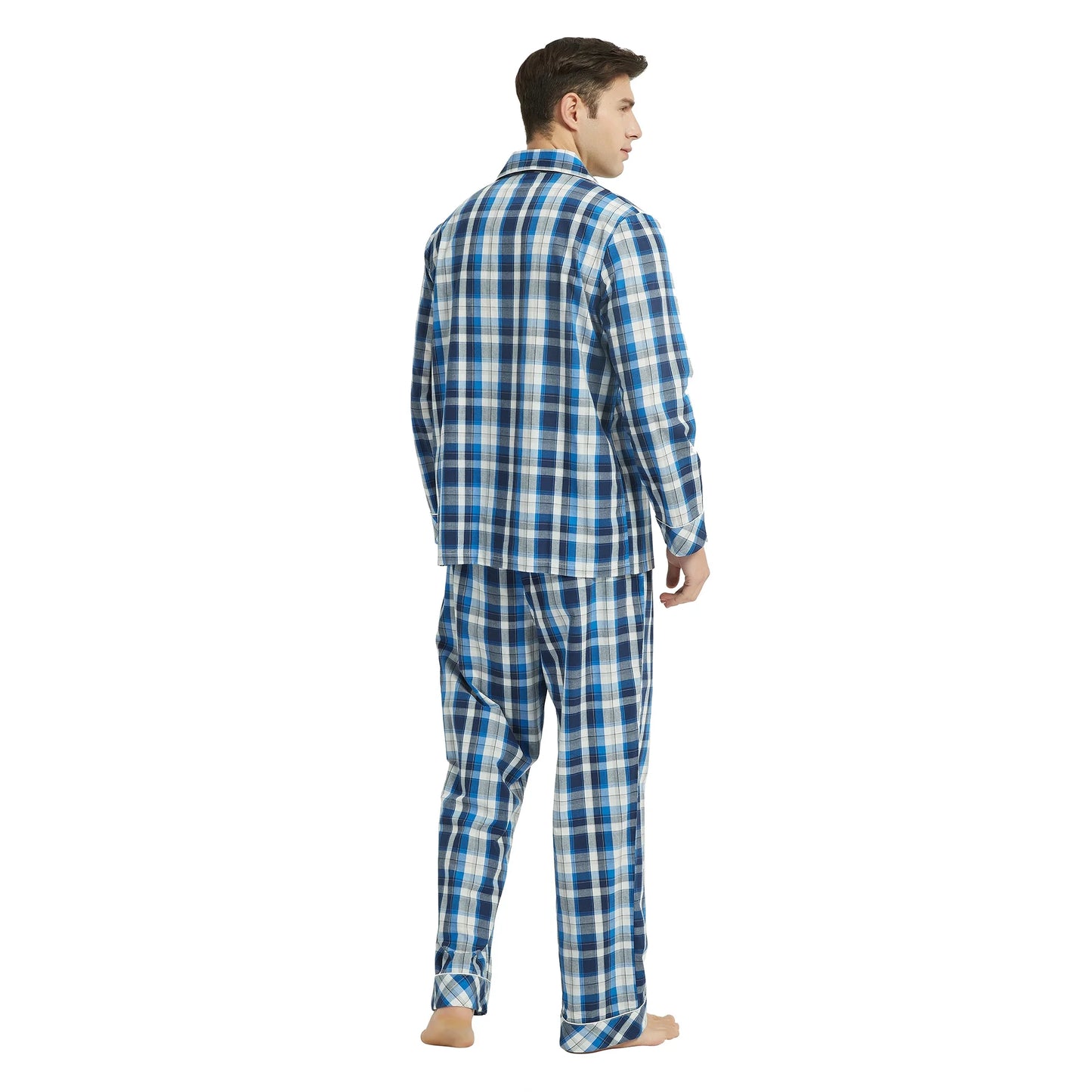 Mens Pajama Set 100% Cotton, Long Sleeve Button down PJ Set for Men Plaid Men'S Sleepwear(Royal Blue-Plaid, L)
