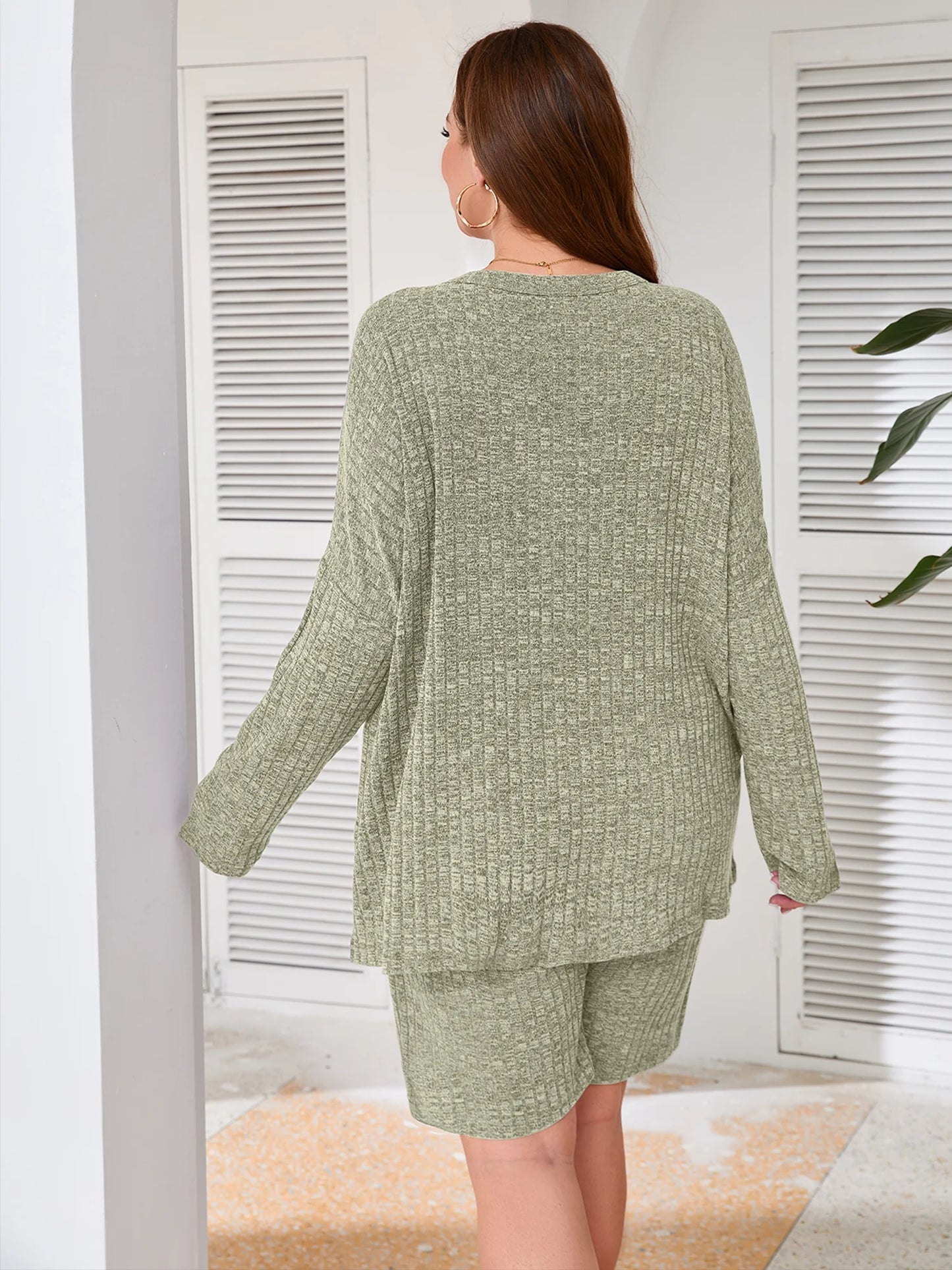 plus Outfit Sets for Women 2 Piece Matching Loungewear Green 5X Ribbed Knit Sets T-Shirt Biker Shorts Sweatsuits plus Size Pajamas, Lightweight for Spring / Summer / Fall / Winter