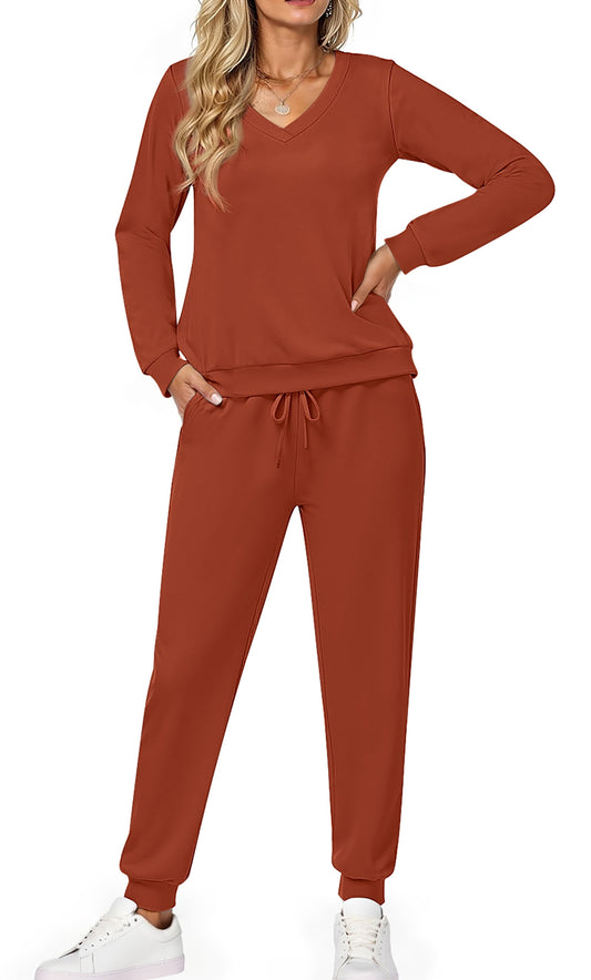 Two Piece Sets for Women Fall Outfits Fashion Lounge Sets V Neck Tops Long Pants Tracksuit Vacation Travel Outfits