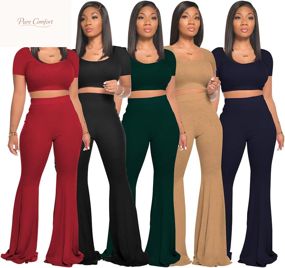 2 Piece Outfits for Women Workout Sets - Sexy Crop Top + High Waisted Flared Long Pant Sets Track Suits Yoga Sports