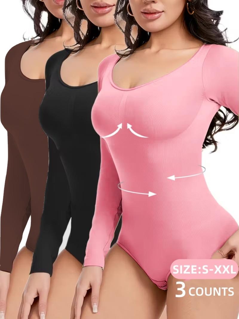 Women'S Shapewear for Fall&Winter,Ribbed Abdomen Control Bodysuit, Long Sleeve Seamless T Shirt,Comfortable Scoop Neck Body Suit Stretchy Basic Tops, Fit Soft Elastic Fabric, Perfect for Daily Wear and Going Out