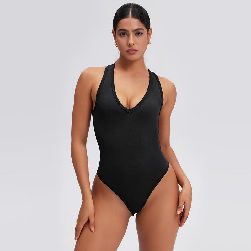 Oqqfitness Women Solid Backless Racerback Tank Bodysuit Cross-Strap Sleeveless Top Deep V Neck All Seasons, Cute Tops