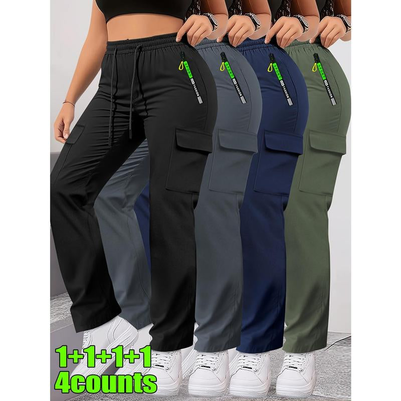 4Pcs Women'S Spring/Autumn Cargo Pants | Fashion Large Pocket Design with Drawstring Elastic Waist, Casual Outdoor/Daily Wear Long Pants, Solid Color, Regular Fit by HIDKAT