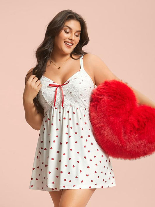 【Bow Design】【Lace Layers】Bloomchic Valentine Gift Bow Lace Heart Print Lounge Dress Women Casual Wear Womenswear