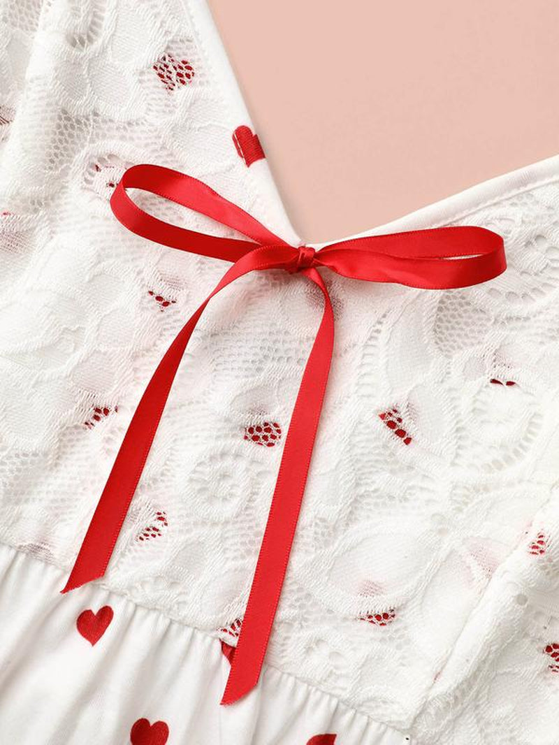【Bow Design】【Lace Layers】Bloomchic Valentine Gift Bow Lace Heart Print Lounge Dress Women Casual Wear Womenswear