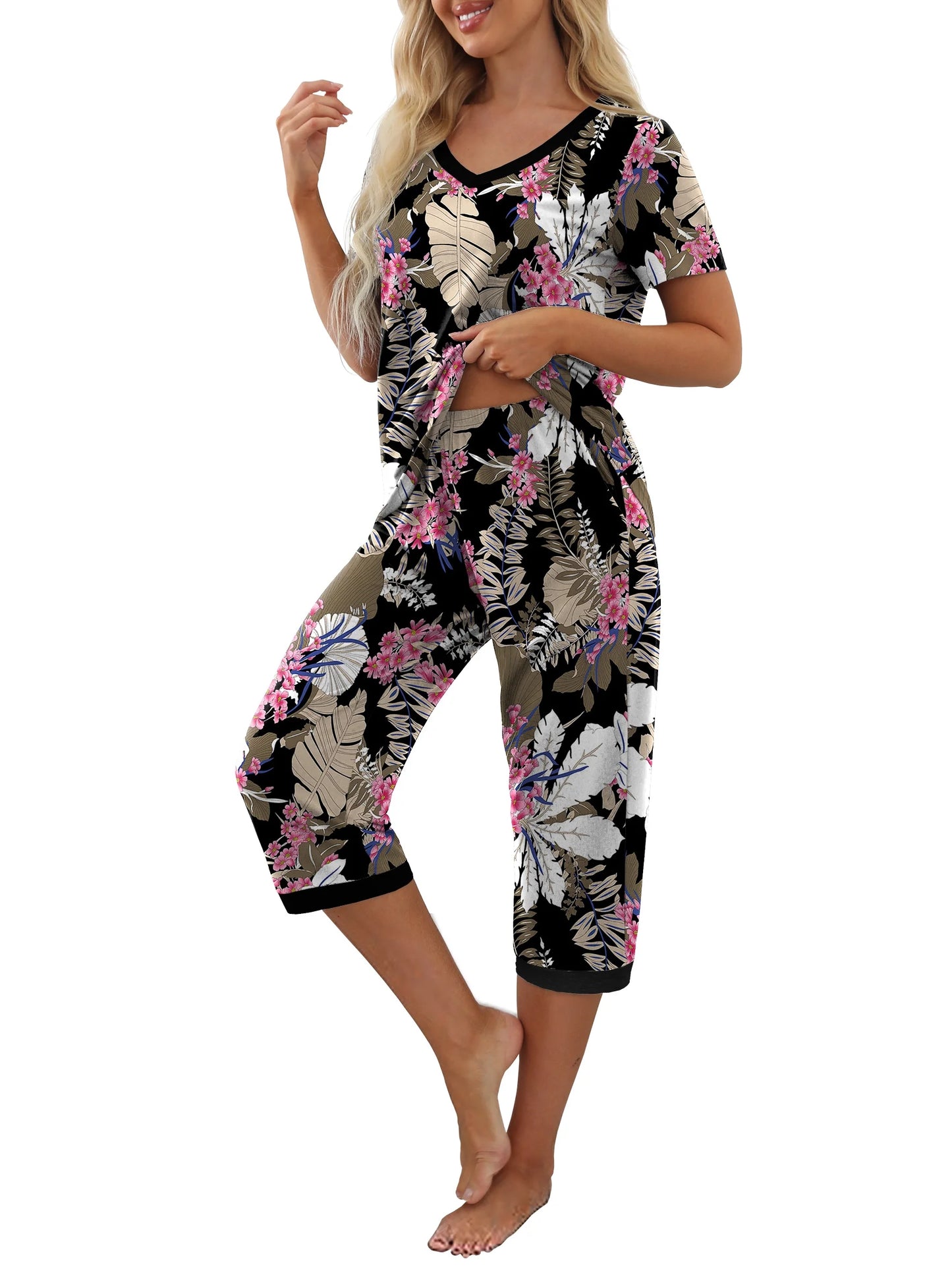 Women'S Pajama Sets Short Sleeve Shirt and Capri Soft Pajama Sets with Pockets S-4XL