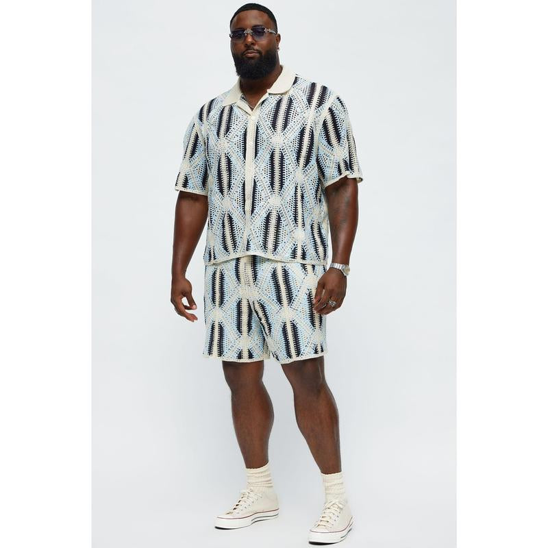 Cropped Relaxed Triangles Knit Closed Collar Shirt - Blue/Combo