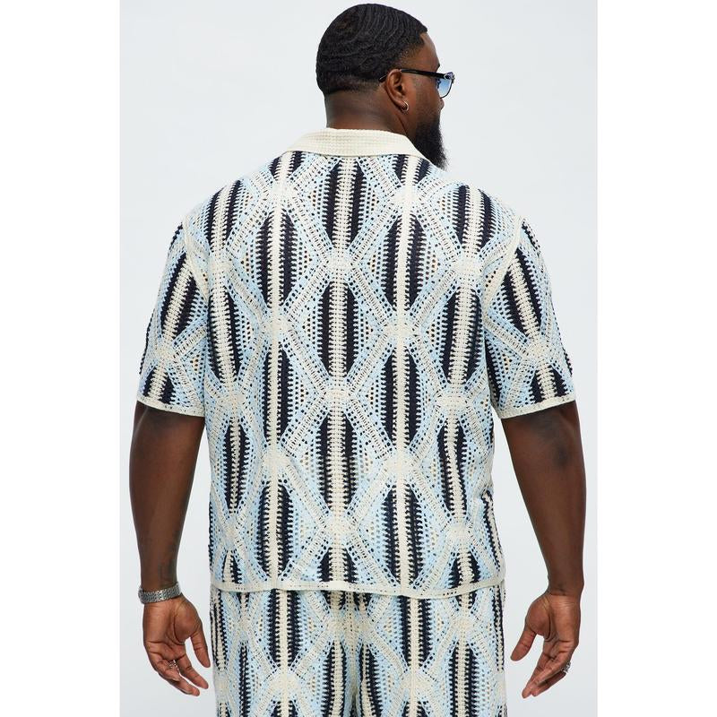 Cropped Relaxed Triangles Knit Closed Collar Shirt - Blue/Combo