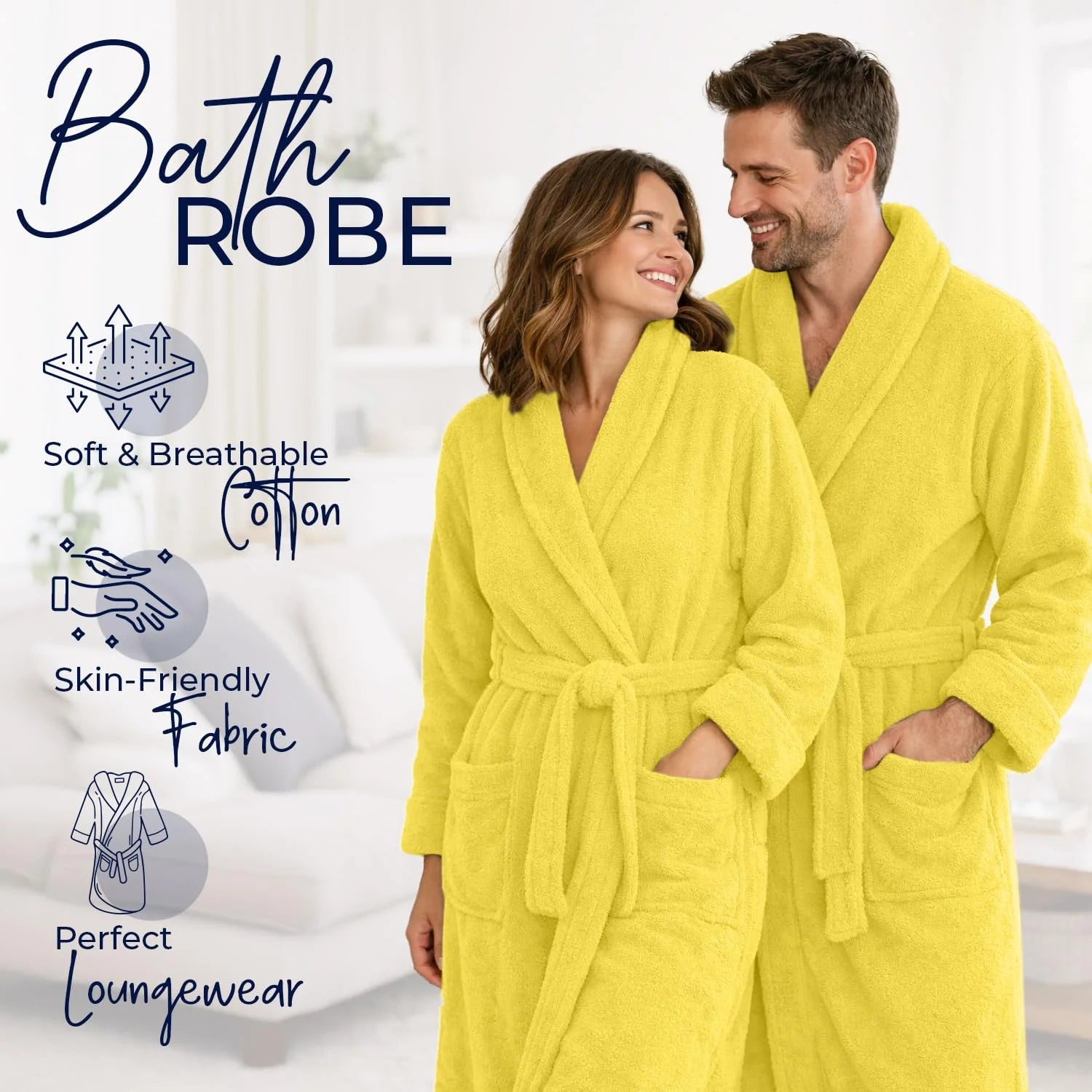 Bathrobe for Men and Women One Size Lightweight Cotton Terry Cloth Robe - Yellow