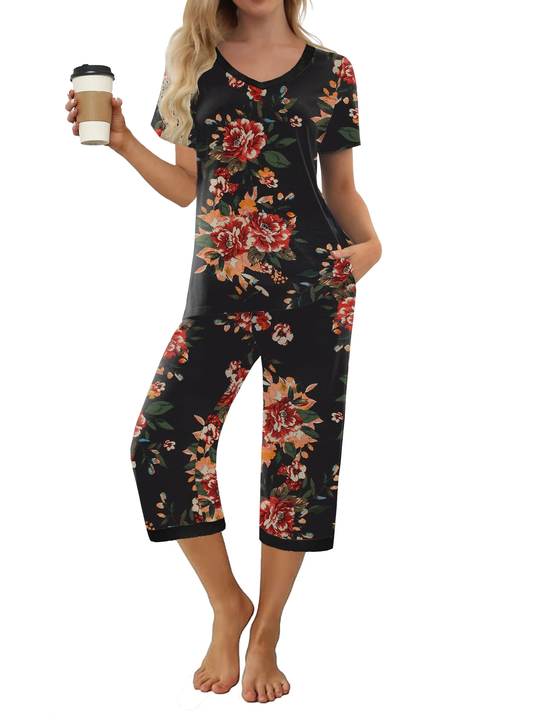 Women'S Pajama Sets Short Sleeve Shirt and Capri Soft Pajama Sets with Pockets S-4XL