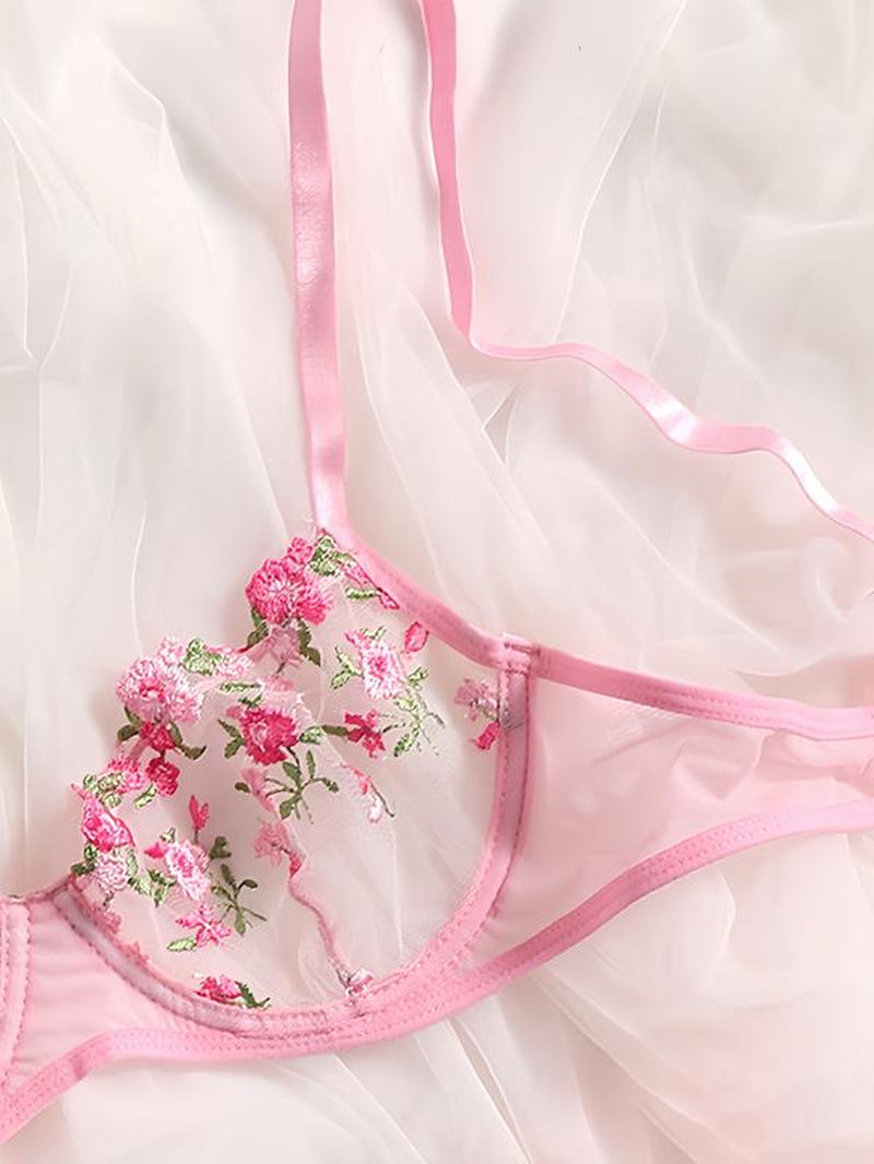 Women’S Sheer Rose Floral Embroidered Lingerie Set, 2-Piece Underwire Unlined Bra + Strappy High-Cut Panty, Lightweight See-Through Mesh, Valentine Gift