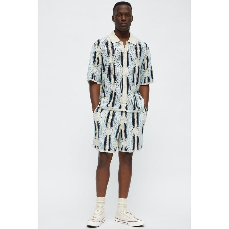 Cropped Relaxed Triangles Knit Closed Collar Shirt - Blue/Combo