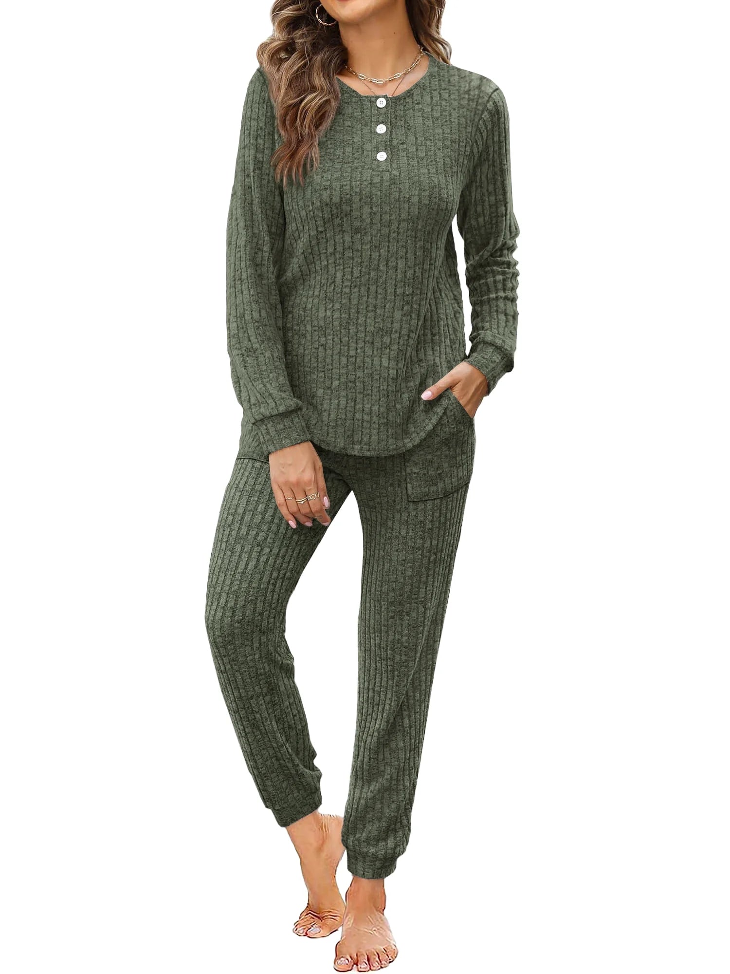 Two Piece Womens Pajama Sets Button down Shirts and Drawstring Pants with Pockets Solid Lounge Sets for Women