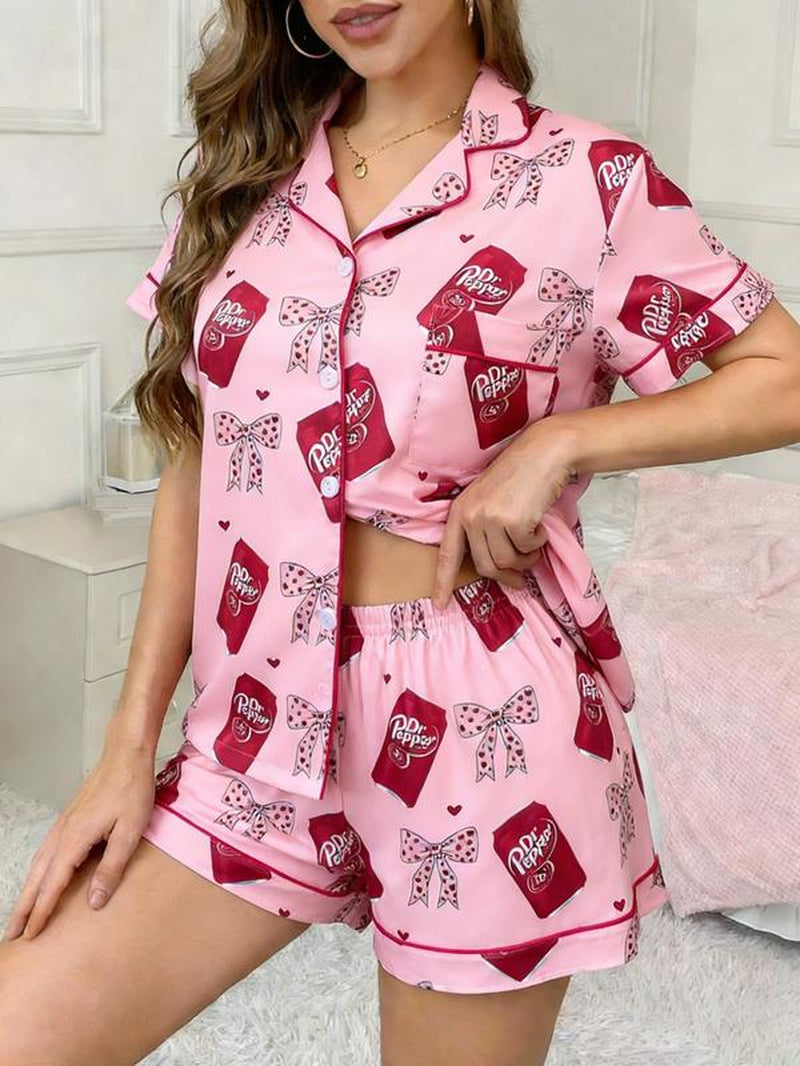 Women'S Valentine'S Day Spring Summer Set, Heart & Bow Pattern, Fitted Short Sleeve Top & Shorts, Casual All-Season Wear