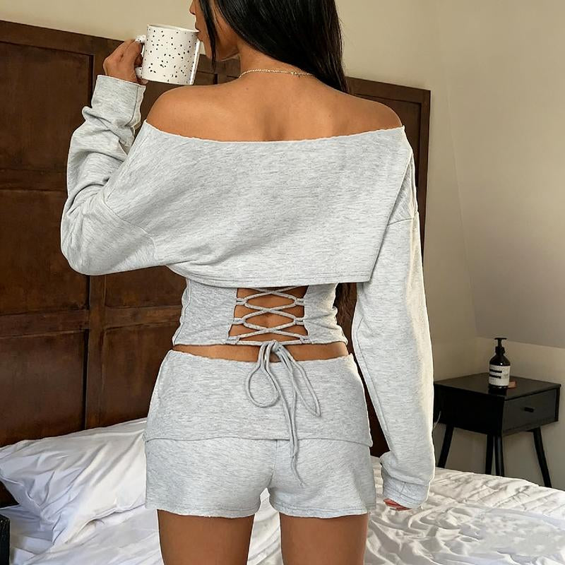 Women'S Solid Color One Shoulder Long Sleeve Waist-Cinched Sweatshirt & Shorts Two Piece Set 2025 Fall & Winter New Slim Fit Elegant Sexy Casual Wear Sports Loungewear Sexy Outfit