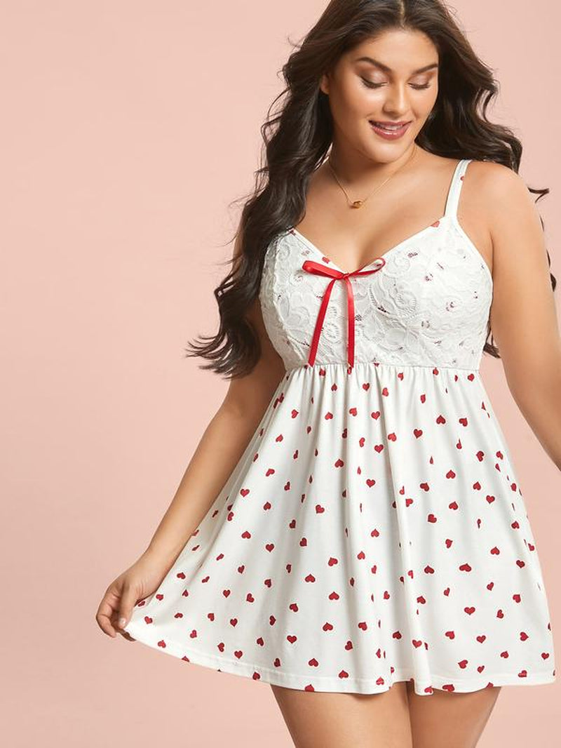 【Bow Design】【Lace Layers】Bloomchic Valentine Gift Bow Lace Heart Print Lounge Dress Women Casual Wear Womenswear