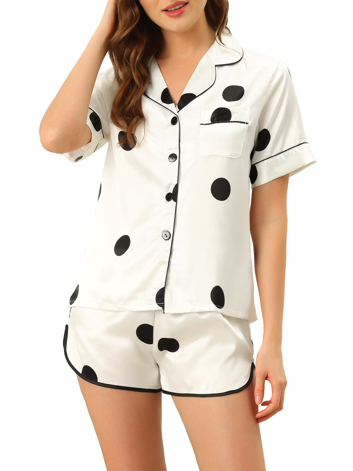 Women'S Satin Pajama Sets Nightwear Sleepwear Tops with Shorts Lounge Sets M White