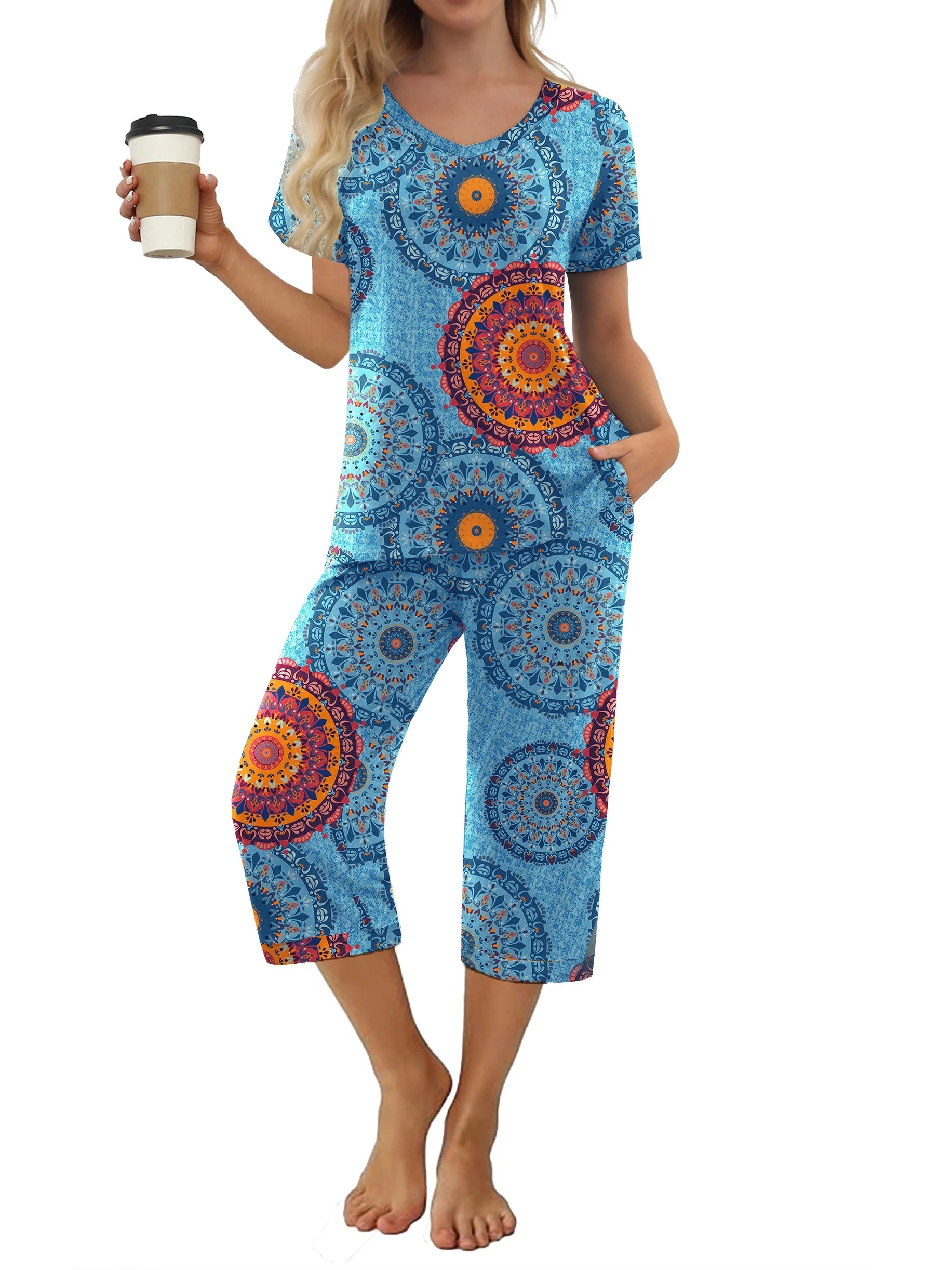 Women'S Pajama Sets Short Sleeve Shirt and Capri Soft Pajama Sets with Pockets S-4XL