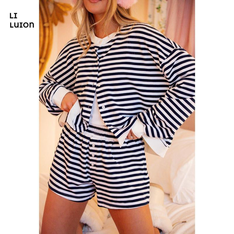 Women Striped Shorts Set Long Sleeve Button down Cardigan Wide Leg Boxers 2 Piece Matching Outfits