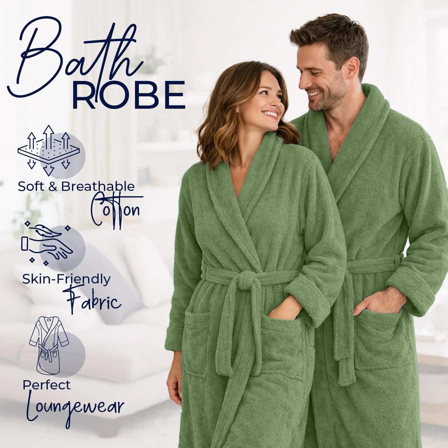 Bathrobe for Men and Women One Size Lightweight Cotton Terry Cloth Robe - Sage Green