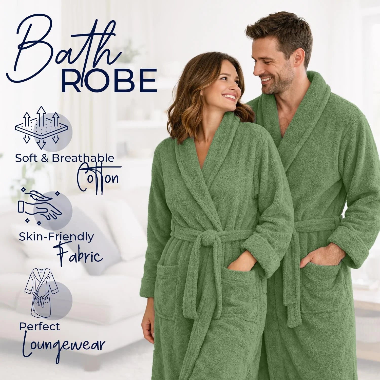 Bathrobe for Men and Women One Size Lightweight Cotton Terry Cloth Robe - Sage Green