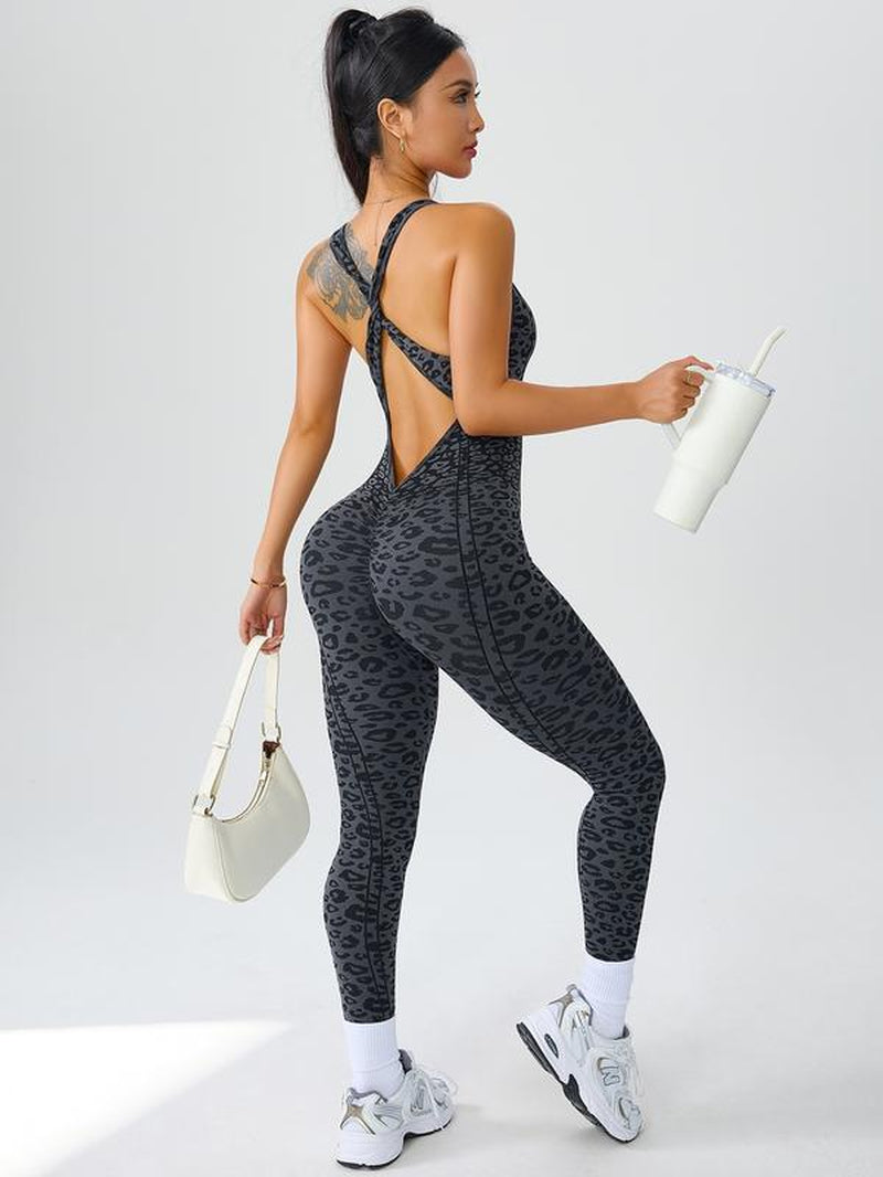 Seamless Knitted Tight-Fitting Women'S Leopard Print Jumpsuit, Outdoor Cycling Sports Onesie, One-Piece Sportswear, Sporty Jumpsuit, Workout Jumpsuit