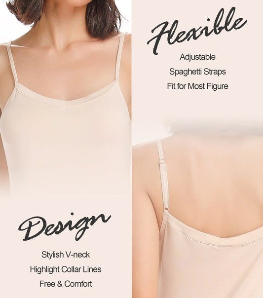 2 Packs Full Slip for Women under Dress Adjustable Spaghetti Strap Knee Length Slips Undergarment Nightwear Black/Apricot,L