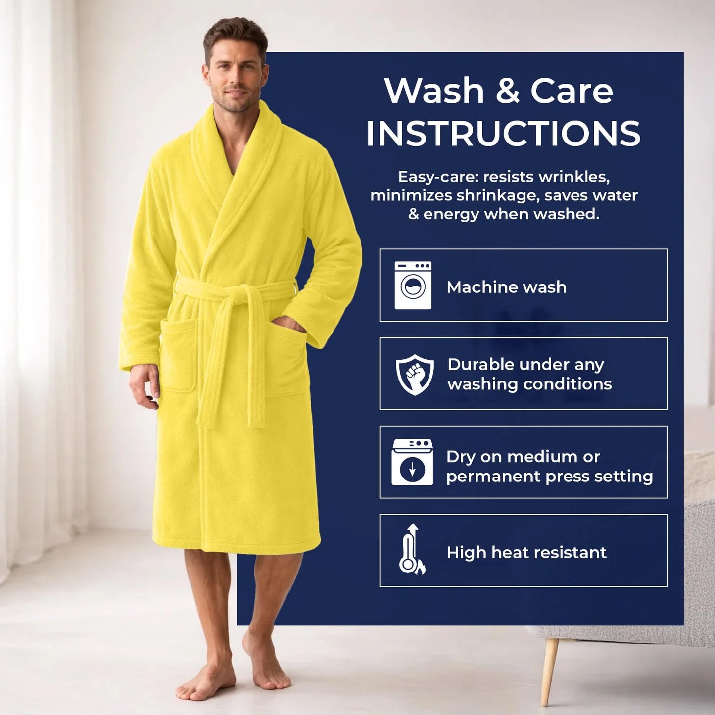 Bathrobe for Men and Women One Size Lightweight Cotton Terry Cloth Robe - Yellow