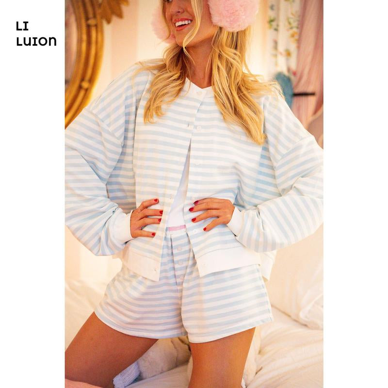 Women Striped Shorts Set Long Sleeve Button down Cardigan Wide Leg Boxers 2 Piece Matching Outfits