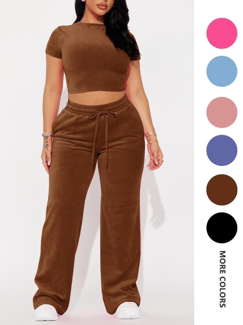 SMSN Women'S Solid Tee & Pants 2 Piece Co-Ord Set Casual Subtle Flexibility Comfortable Fabric round Neck Crop Top & Trousers for Daily Wear Minimalist Basic Crewneck Shortsleeve Matching Sets for Women Womenswear Clothes