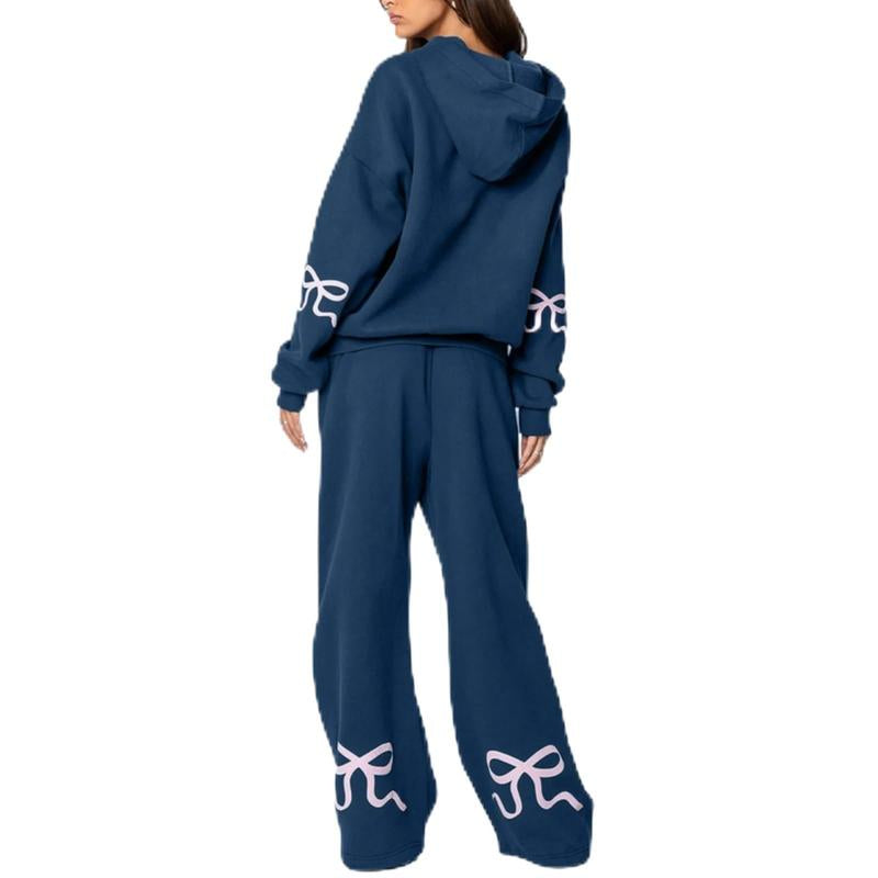 DUTUT Two Piece Bow Graphic Print Hoodie & Sweatpants Set Oversized Pullover High Waist Joggers Tracksuit for Women Premium Cotton-Polyester Blend