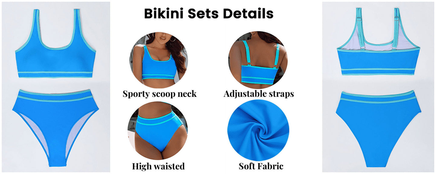 High Waisted Womens Bikini Sets Sporty Two Piece Swimsuits for Women Color Block High Cut Bathing Suits