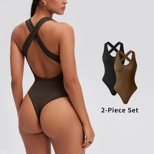 Oqqfitness Women Solid Backless Racerback Tank Bodysuit Cross-Strap Sleeveless Top Deep V Neck All Seasons, Cute Tops