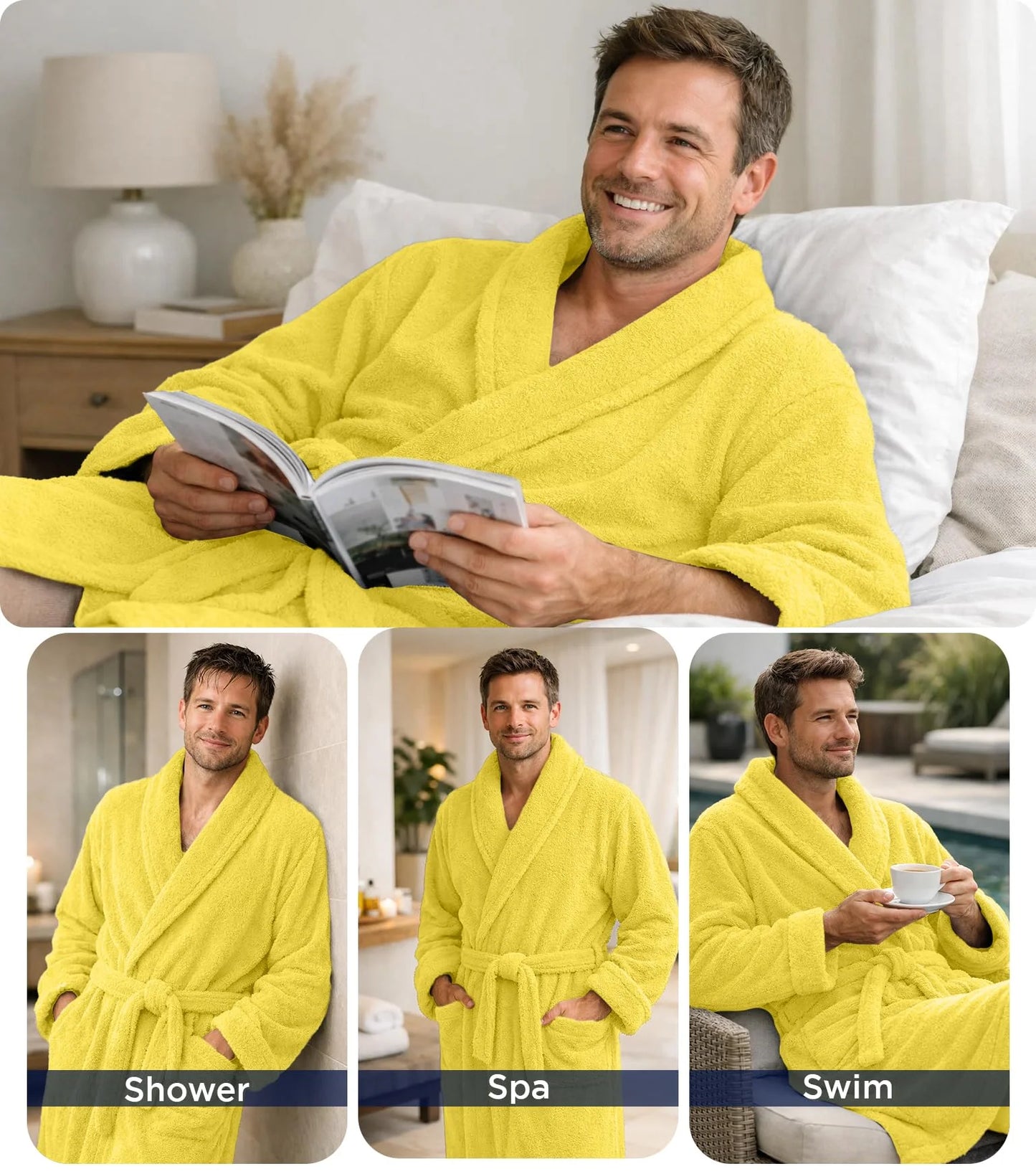 Bathrobe for Men and Women One Size Lightweight Cotton Terry Cloth Robe - Yellow
