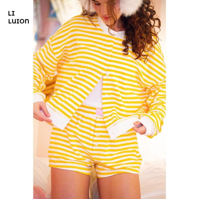 Women Striped Shorts Set Long Sleeve Button down Cardigan Wide Leg Boxers 2 Piece Matching Outfits