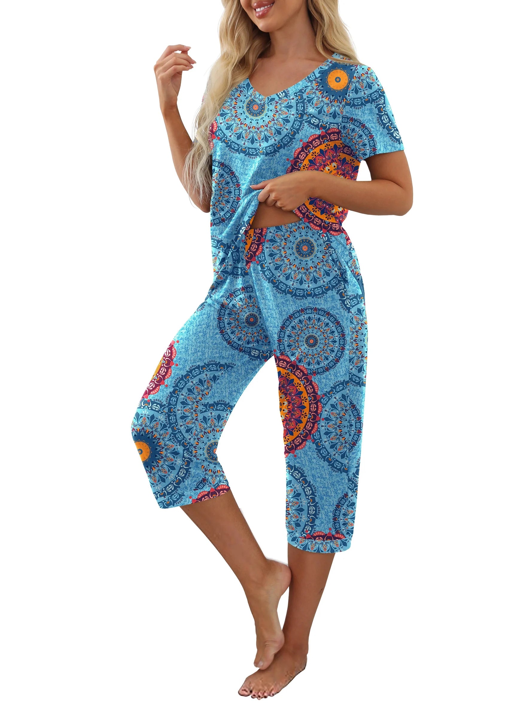 Women'S Pajama Sets Short Sleeve Shirt and Capri Soft Pajama Sets with Pockets S-4XL
