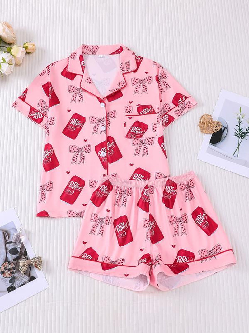 Women'S Valentine'S Day Spring Summer Set, Heart & Bow Pattern, Fitted Short Sleeve Top & Shorts, Casual All-Season Wear