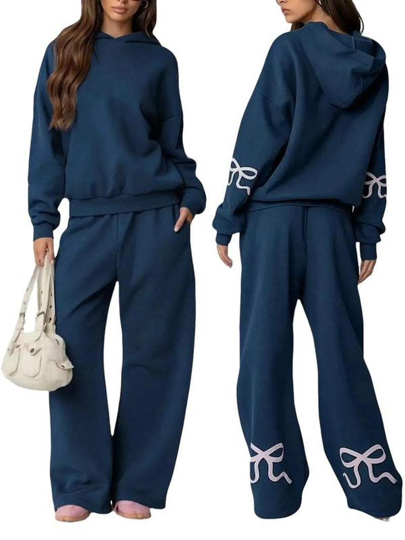 DUTUT Two Piece Bow Graphic Print Hoodie & Sweatpants Set Oversized Pullover High Waist Joggers Tracksuit for Women Premium Cotton-Polyester Blend