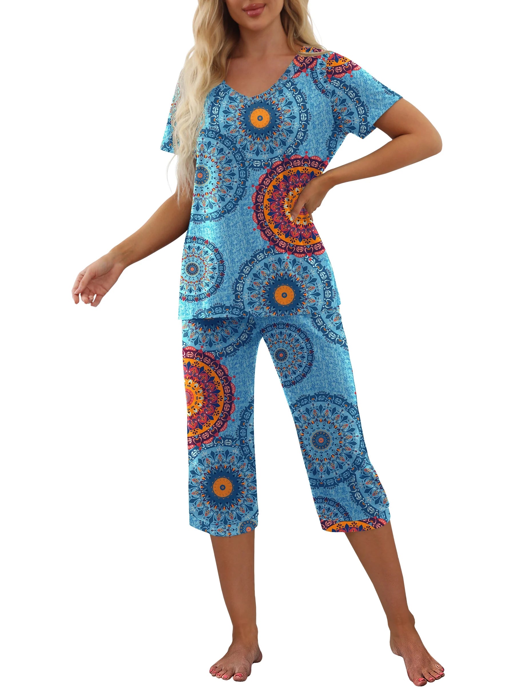 Women'S Pajama Sets Short Sleeve Shirt and Capri Soft Pajama Sets with Pockets S-4XL