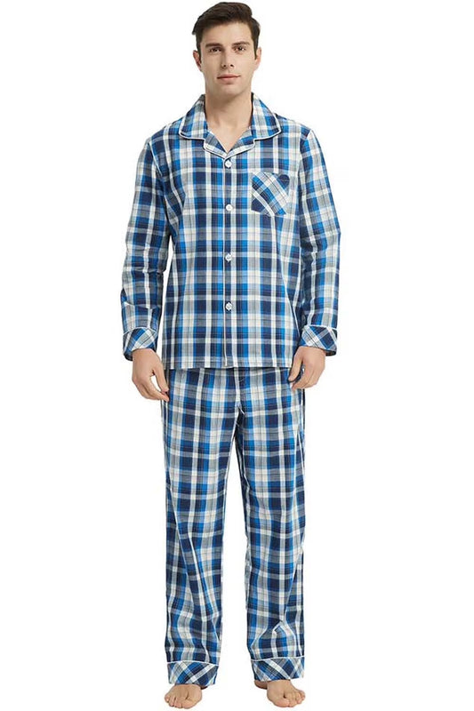 Mens Pajama Set 100% Cotton, Long Sleeve Button down PJ Set for Men Plaid Men'S Sleepwear(Royal Blue-Plaid, L)